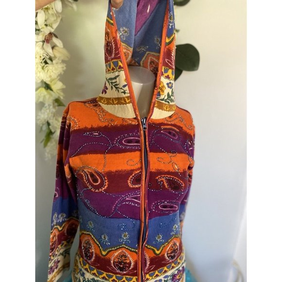 Vintage Beaded Lady Hooded Soft Shell Jacket Front Zipper Cotton 24 Karat Brand - Picture 11 of 15